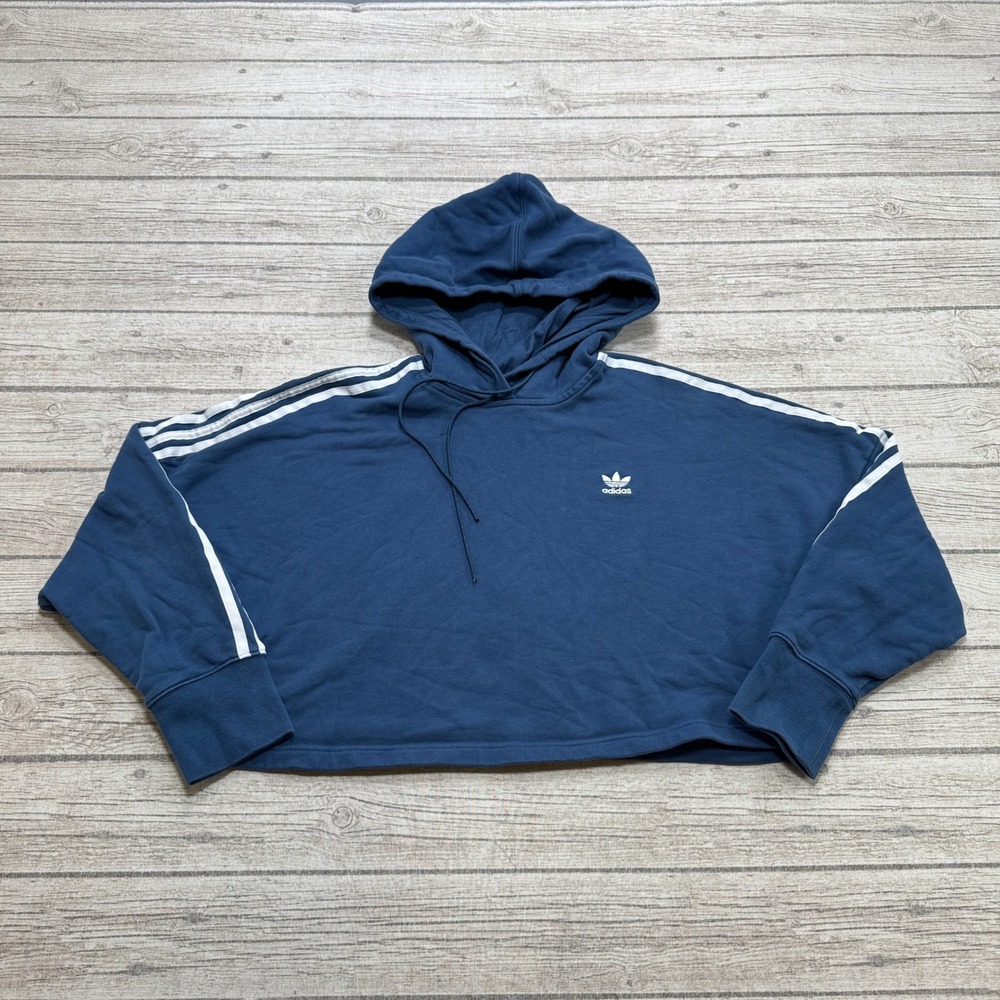 Adidas Hoodie Women's 2XL Blue Trefoil Boxy Cropped Pullover Sweatshirt Athletic